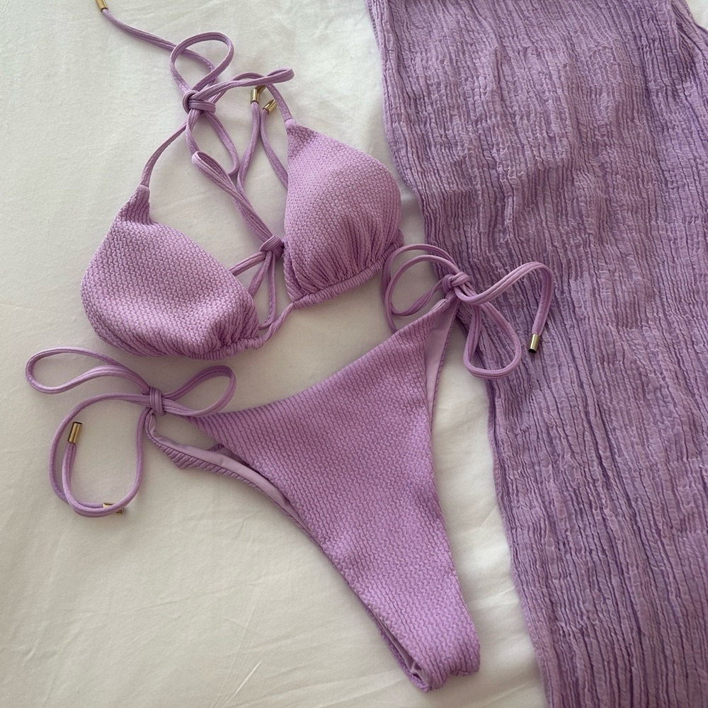 Monday Swimwear Lavender crinkle Palma bikini with Mykonos sarong